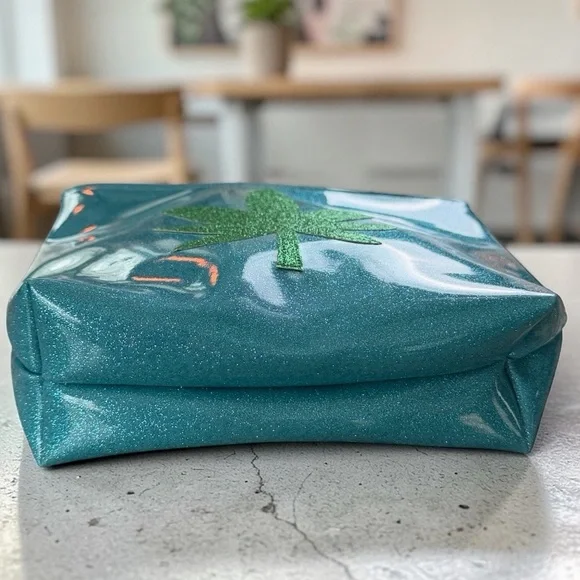 Julie Mollo Glitter Blue & Green Leaf Clutch Oversized Cosmetic Bag New - Picture 9 of 16